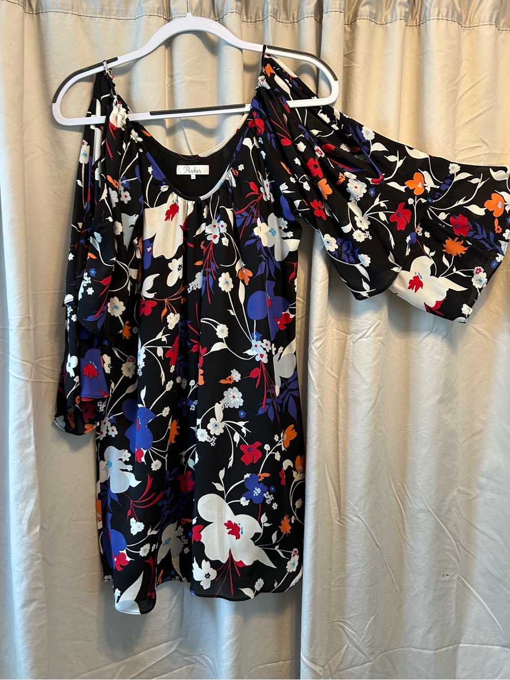 Parker Black Cold-Shoulder Floral Dress in Blue, Red, White & Orange